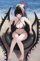  beach bikini black_bikini black_hair black_wings blood blood_halo blue_archive breasts criss-cross_halter day female flower hair_flower hair_ornament halo halterneck highres innertube large_breasts liquid_halo long_hair looking_at_viewer low_wings meekaki96 navel official_alternate_costume outdoors red_eyes red_halo sand solo swim_ring swimsuit tsurugi_(blue_archive) tsurugi_(swimsuit)_(blue_archive) wings 