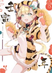  2022 :d absurdres animal_costume animal_ears animal_hood animal_print blonde_hair blue_bow bow chinese_zodiac commentary_request fake_animal_ears fangs female fur_trim green_eyes hand_up highres hood long_hair looking_at_viewer original paw_shoes smile solo tiger_costume tiger_ears tiger_hood tiger_print twintails very_long_hair white_background year_of_the_tiger yellow_footwear yuizayomiya 