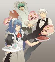  3boys alternate_costume anger_vein animal apron ascot axe bad_food black_bow black_bowtie black_dress black_pants black_vest blue_hair bow bowtie butler censored censored_food center_frills chef chef_hat clenched_teeth closed_mouth collared_shirt commentary cowboy_shot crossdressing cup dress english_commentary enmaided eremes_guile expressionless eyes_visible_through_hair frilled_apron frills full_body green_hair grey_background hair_between_eyes hat holding holding_animal holding_axe howard_alt-eisen long_hair long_sleeves maid maid_apron maid_headdress male_focus male_maid metaling multiple_boys one-eyed open_mouth pants puffy_short_sleeves puffy_sleeves ragnarok_online red_eyes red_flag red_neckwear salas seyren_windsor shaded_face shirt short_hair short_sleeves signature simple_background sleeves_rolled_up spill standing sweat swinging teacup teapot tearing_up teeth tray upper_teeth_only vest weapon white_apron white_hair white_shirt 