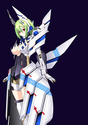  arms_at_sides breasts cleavage closed_mouth eternal_form female gradient_background hair_between_eyes headgear legs_together light_green_hair mecha_musume medium_breasts phantasy_star phantasy_star_portable_2 phantasy_star_portable_2_infinity purple_background red_eyes shinjou_satomi short_hair solo standing thighhighs turtleneck white_thighhighs 