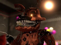  2023 3d_(artwork) 4:3 animatronic anonymous_artist anthro canid canine digital_media_(artwork) duo five_nights_at_freddy&#039;s five_nights_at_freddy&#039;s_4 fox foxy_(fnaf) glowing glowing_eyes hook hook_hand humanoid looking_at_another looking_at_partner looking_down looking_down_at_another looking_down_at_partner machine male male/male mammal nightmare_foxy_(fnaf) robot scottgames serious sharp_teeth teeth tongue tongue_out unknown_artist 