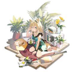  animal_ears arknights bare_arms bare_legs bare_shoulders blonde_hair blush brooch canine dress female flower full_body green_dress green_eyes hair_between_eyes highres jewelry long_hair looking_at_viewer official_alternate_costume official_art one_eye_closed parted_lips plant podenco_(arknights) podenco_(wake_up_from_a_nap)_(arknights) potted_plant shoes short_dress sitting sleeveless sleeveless_dress solo staff sutorora tail transparent_background wariza white_footwear yellow_flower 