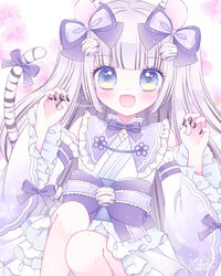  :d animal_ears black_nails blue_eyes bow claw_pose commentary_request detached_sleeves ear_bow fangs feet_out_of_frame female grey_hair hands_up highres himetsuki_luna japanese_clothes kimono knees_up lolita_fashion long_sleeves looking_at_viewer nail_polish obi original purple_bow purple_sleeves sash signature sleeveless sleeveless_kimono smile solo tail tiger_ears tiger_girl tiger_tail wa_lolita white_sleeves wide_sleeves 