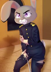  2020 akiric ambiguous_gender anthro blood bodily_fluids clothed clothing dipstick_ears disney ear_markings gloves handwear hi_res holding_melee_weapon holding_object holding_sword holding_weapon inside judy_hopps lagomorph leporid mammal melee_weapon military_uniform multicolored_ears offscreen_character purple_eyes rabbit rapier scut_tail shadow short_tail sky solo standing star starry_sky sword tail torn_clothing uniform weapon window wounded zootopia 