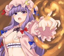  blue_bow blunt_bangs blush bow commentary_request crescent crescent_hat_ornament crescent_pin female fire hair_ribbon hairbow hat hat_ornament highres long_hair long_sleeves looking_at_viewer magic miyo_(ranthath) mob_cap naked_robe no_bra open_clothes open_mouth outstretched_arm patchouli_knowledge pointing purple_eyes purple_hair red_bow revealing_clothes ribbon robe solo touhou tress_ribbon upper_body 