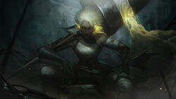  absurdres bare_shoulders black_gloves black_pants breasts closed_mouth commentary dark-skinned_female dark_skin earrings elbow_gloves english_commentary female gloves glowing glowing_eyes grey_hair highres holding holding_polearm holding_weapon jewelry lance league_of_legends legs_apart looking_at_viewer medium_breasts pants polearm rell_(league_of_legends) sentinel_(league_of_legends) short_hair sitting solo vincent_t_(oriaarts) weapon 