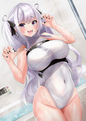  absurdres azur_lane bath bathroom bathtub bouhuuu breasts claw_pose dripping elbe_(azur_lane) female hair_ribbon highres large_breasts legs_together leotard open_mouth purple_eyes ribbon skin_tight skindentation solo steam thick_thighs thighs twintails wet white_hair white_leotard 