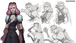  absurdres alternate_costume ascot belt black_pants brown_belt brown_gloves commentary english_commentary female gloves goggles goggles_on_head grey_background hand_up highres league_of_legends long_hair mole mole_under_eye multiple_views pants pink_hair puffy_short_sleeves puffy_sleeves seraphine_(league_of_legends) short_sleeves simple_background single_glove twintails vest vincent_t_(oriaarts) 