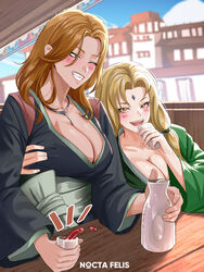  2girls ;) absurdres arm_around_back artist_name black_kimono bleach blonde_hair blue_hair blurry blurry_background blush bottle breasts brown_eyes brown_hair choko_(cup) cleavage crossover cup drinking drunk facial_mark forehead_mark green_kimono grin highres holding holding_cup japanese_clothes jewelry kimono large_breasts long_hair looking_at_another low-tied_long_hair matsumoto_rangiku mature_female multiple_girls naruto naruto_(series) necklace nocta_felis one_eye_closed open_mouth outdoors pink_shawl sash shawl shinigami smile teeth tokkuri tsunade_(naruto) white_sash 