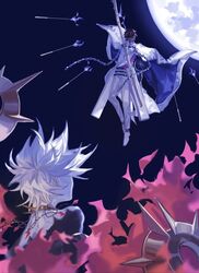  2boys agni_gandiva arjuna_(fate) battle black_hair bow_(weapon) commentary dark-skinned_male dark_skin drawing_bow fate/apocrypha fate/grand_order fate_(series) flying full_moon gloves holding holding_bow_(weapon) holding_weapon karna_(fate) male_focus mchi moon multiple_boys weapon white_gloves white_hair 