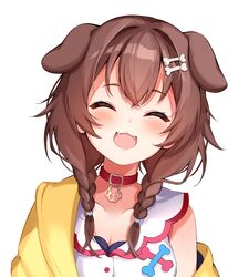  :d animal_collar animal_ears blush bone_hair_ornament braid breasts brown_eyes brown_hair cleavage closed_eyes collar dog_ears double-parted_bangs dress extra_ears facing_viewer fangs female hair_between_eyes hair_ornament hairclip head_tilt highres hololive inugami_korone inugami_korone_(1st_costume) jacket long_hair low_twin_braids low_twintails off_shoulder open_clothes open_jacket open_mouth red_collar simple_background single_bare_shoulder sleeveless sleeveless_dress smile solo takumin_dx twin_braids twintails upper_body virtual_youtuber white_background white_dress yellow_jacket 