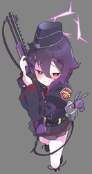  absurdres bag bare_legs belt black_belt black_skirt blue_archive blush female fp6 from_above garrison_cap grey_background gun gun_sling hair_between_eyes hair_ornament hairclip halo haruka_(blue_archive) hat highres holding holding_weapon hugging_object jacket juliet_sleeves kanashimiojisan long_sleeves medium_hair military military_uniform miniskirt puffy_sleeves purple_bag purple_eyes purple_footwear purple_hair purple_headwear red_shirt shirt shotgun simple_background skirt smile uniform wavy_mouth weapon 