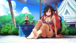  ahoge beach_umbrella bikini black_hair blue_sky breasts building bush cleavage cloud cola colored_inner_hair commentary_request cooler demon_girl demon_horns demon_tail drinking_straw female full_body glass hair_over_one_eye halterneck horns large_breasts long_hair multi-strapped_bikini multi-strapped_bikini_top multicolored_hair nijisanji outdoors palm_tree pointy_ears purple_eyes red_eyes shio_no.9 side-tie_bikini_bottom sitting sky soda_bottle solo string_bikini striped_bikini striped_clothes sweatdrop swimsuit tail tree two-tone_hair umbrella very_long_hair virtual_youtuber yamiyono_moruru 