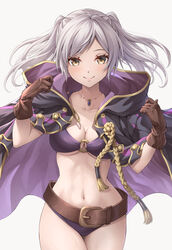  belt bikini breasts brown_belt brown_gloves cleavage cloak closed_mouth female fire_emblem fire_emblem_awakening fire_emblem_heroes floating_hair gloves hood hood_down hooded_cloak navel o-ring o-ring_bikini official_alternate_costume purple_bikini robin_(female)_(fire_emblem) robin_(female)_(summer)_(fire_emblem) robin_(fire_emblem) simple_background smile solo stomach swimsuit ten_(tenchan_man) twintails underboob white_background white_hair yellow_eyes 