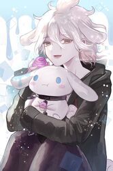  1boy :d artist_name black_collar black_pants blue_background blush_stickers collar commentary_request danganronpa_(series) danganronpa_2:_goodbye_despair food green_jacket hair_between_eyes holding holding_food hood hood_down hooded_jacket jacket knees_up komaeda_nagito long_sleeves looking_at_viewer lower_teeth_only male_focus medium_hair messy_hair pants shirt smile solo teeth white_background z-epto_(chat-noir86) 