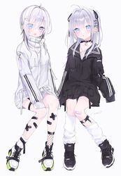  2girls absurdres ahoge bad_id bad_pixiv_id bandaid bandaid_on_leg black_choker black_jacket black_ribbon blue_eyes choker cross-laced_footwear ear_piercing fishnets hair_between_eyes hair_intakes hair_ornament hair_ribbon highres jacket leg_belt long_sleeves looking_at_viewer mashiro_shiki mikuro_(si10ra) multiple_girls open_mouth original piercing pocket ribbon shigure_(si10ra) shoes sitting sleeves_past_fingers sleeves_past_wrists socks white_background white_hair white_jacket white_legwear wolf_cut x_hair_ornament 