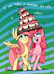  2020 absurd_res blue_eyes cake dessert dialogue docwario duo english_text equid equine female feral fluttershy_(mlp) food friendship_is_magic hasbro hi_res horse mammal my_little_pony mythological_creature mythological_equine mythology pegasus pinkie_pie_(mlp) pony text wings 