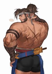  1boy ass back back_focus bad_id bad_weibo_id bandaged_arm bandages bara beard black_male_underwear boxers brown_hair character_request copyright_request cross_scar facial_hair feet_out_of_frame from_behind headband highres kuroshima_kurishiro_(muyi24108414) looking_at_viewer looking_back male_focus male_underwear mature_male medium_hair muscular muscular_male no_pants pelvic_curtain ponytail scar scar_on_back smile solo sword sword_behind_back thighs topless_male underwear weapon 