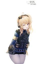  :d ahoge arms_behind_back bandage_on_face bandages blonde_hair blue_eyes blue_jacket cowboy_shot dano explosive female girls&#039;_frontline girls&#039;_frontline_2:_exilium grenade gun handgun headset highres holster holstered jacket load_bearing_vest long_hair long_sleeves looking_at_viewer one_eye_closed open_mouth pantyhose pouch side_ponytail smile solo tactical_clothes vepley_(girls&#039;_frontline_2) weapon white_background white_pantyhose 