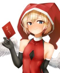  1boy androgynous angel_wings aqua_eyes bare_shoulders black_gloves blonde_hair christmas doro9363 elbow_gloves elona feathered_wings gloves hat highres jester_cap kumiromi_of_harvest looking_at_viewer male_focus medium_hair merry_christmas otoko_no_ko red_hat solo white_wings wings 