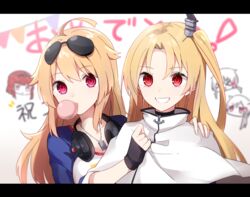  &gt;_&lt; 2girls :d a.a_(aa772) ahoge anchor anchor_hair_ornament azur_lane birmingham_(azur_lane) black_choker black_gloves blonde_hair blowing_bubbles blue_hairband blue_jacket blurry blurry_background breasts cameo capelet chewing_gum choker cleveland_(azur_lane) columbia_(azur_lane) commentary_request denver_(azur_lane) dog_tags eyewear_on_head fingerless_gloves gloves grin hair_ears hair_flaps hair_ornament hairband hairclip hand_on_another&#039;s_shoulder hand_up headphones headphones_around_neck jacket jitome large_breasts letterboxed long_hair looking_at_viewer low_twintails montpelier_(azur_lane) multiple_girls one_side_up open_mouth parted_bangs raglan_sleeves red_eyes sidelocks small_breasts smile star_(symbol) star_print sunglasses translation_request twintails upper_body white_background white_capelet white_hair xd 