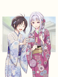  2girls ^_^ antenna_hair black_hair braid cellphone closed_eyes flower hair_flower hair_ornament highres idolmaster idolmaster_(classic) iso_(nh15mint) japanese_clothes kikuchi_makoto kimono kinchaku long_hair multiple_girls phone pouch purple_hair selfie shijou_takane short_hair smartphone smile yukata 