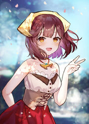  :d atelier_(series) atelier_sophie bare_arms bare_shoulders blurry blurry_background breasts brown_eyes brown_hair chibi_vanille commentary confetti day depth_of_field female hand_up head_scarf highres looking_at_viewer outdoors pleated_skirt red_skirt shirt skirt small_breasts smile solo sophie_neuenmuller tree v white_shirt 