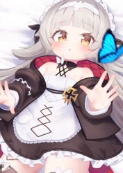  :o apron azur_lane bed_sheet black_dress black_jacket blue_butterfly blurry blurry_foreground blush brown_eyes bug butterfly commentary_request depth_of_field dress female frilled_dress frills grey_hair headpiece highres jacket kokone_(coconeeeco) long_hair long_sleeves looking_at_viewer lying maid maid_headdress official_alternate_costume on_back open_clothes open_jacket parted_lips puffy_long_sleeves puffy_sleeves solo very_long_hair white_apron z46_(azur_lane) z46_(chronicles_of_the_dust_wars)_(azur_lane) 