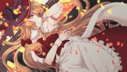  absurdres apron arm_behind_head back_bow bakarayuu blonde_hair bow burnt_clothes closed_mouth commentary cowboy_shot dress dutch_angle embers expressionless female frilled_apron frills hairbow hat hat_bow highres kirisame_marisa kirisame_marisa_(witch_of_scarlet_dreams) long_hair looking_at_viewer puffy_short_sleeves puffy_sleeves red_bow red_dress red_hat shirt short_sleeves solo spoilers star_(symbol) touhou touhou_lostword white_apron white_shirt witch_hat wrist_cuffs yellow_eyes 