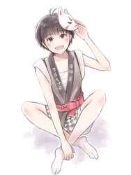  :d antenna_hair black_hair female fox_mask highres idolmaster idolmaster_(classic) indian_style iso_(nh15mint) japanese_clothes kikuchi_makoto mask obi open_mouth purple_eyes sash short_hair simple_background sitting sleeveless smile solo tabi white_background 