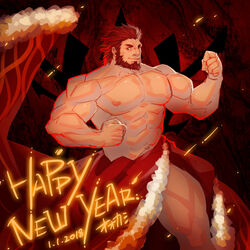  1boy abs alternate_costume bara beard biceps cape embers facial_hair fate/grand_order fate/zero fate_(series) fur-trimmed_cape fur_trim happy_new_year iskandar_(fate) large_pectorals lrpanda00 male_focus mature_male muscular muscular_male naked_cape navel new_year nipples pectorals red_eyes red_hair short_hair solo thick_thighs thighs topless_male 