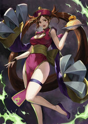  absurdly_long_hair adapted_costume alternate_costume bell_sleeves blush_stickers breasts bridal_gauntlets brown_eyes brown_hair china_dress chinese_clothes claw_(weapon) cleavage cleavage_cutout clothing_cutout commentary cosplay dress english_commentary female fire flats flipped_hair food foot_out_of_frame fried_rice green_fire guilty_gear guilty_gear_xrd hair_ornament hair_rings hairclip halloween halloween_costume hat holding holding_plate jack-o&#039;-lantern kuradoberi_jam large_breasts lei_lei lei_lei_(cosplay) long_hair long_sleeves mandarin_collar nail_polish ofuda open_mouth outstretched_arms pelvic_curtain phamoz photoshop_(medium) pink_hat pink_nails plate purple_footwear qingdai_guanmao sash skindentation sleeves_past_wrists smile solo standing standing_on_one_leg teeth thigh_strap thighs trait_connection upper_teeth_only vampire_(game) very_long_hair weapon yellow_sash 