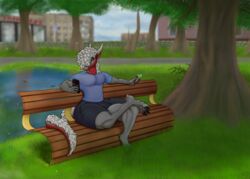  2022 anthro bench bent_leg biceps bottomwear building bulge claws clothed clothing colored dessert detailed_background detailed_bulge digital_drawing_(artwork) digital_media_(artwork) dragon electronics food full-length_portrait fur grass grey_body grey_hair hair hi_res holding_object horizontal_pupils ice_cream leaf looking_at_object looking_away male mouth_closed muscular mythological_creature mythological_scalie mythology on_bench orange_sclera outside park path pecs phone plant planted_sign pond portrait pupils reflection scalie shaded shirt shorts sign sitting sitting_on_bench sky solo tail the_ember theember topwear tree wall_(structure) water widescreen 