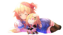  2girls akai_haato akai_haato_(1st_costume) black_legwear blonde_hair blush bow bowtie chibi closed_eyes commentary_request dual_persona eyepatch haaton_(akai_haato) hair_ornament hair_ribbon heart heart_hair_ornament highres hololive hug kira_dx_kira light_rays long_hair lying medical_eyepatch multiple_girls one_side_up red_ribbon ribbon shirt simple_background sitting skirt smile sunbeam sunlight thigh_strap thighhighs very_long_hair virtual_youtuber white_background 