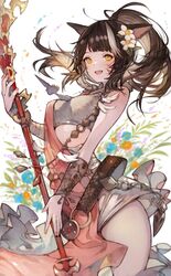  :d animal_ears arm_wrap bandeau bare_shoulders belt blonde_hair blunt_bangs brown_hair cat_ears commission contrapposto cowboy_shot facial_mark female final_fantasy final_fantasy_xiv floating_hair floral_background flower grey_bandeau grey_shorts hair_flower hair_ornament high_ponytail highres holding holding_weapon jewelry kemomin_nosuke looking_at_viewer miqo&#039;te multicolored_hair necklace no_pupils o-ring o-ring_belt oerba_yun_fang open_mouth pink_nails pink_sash sash shorts skin_fang smile solo standing streaked_hair two-tone_hair warrior_of_light_(ff14) weapon white_background yellow_eyes 