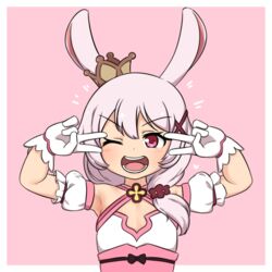  animal_ears armpits bare_shoulders basukechi crown double_v emotional_engine_-_full_drive female fox_ears gloves hair_between_eyes highres honkai_(series) honkai_impact_3rd looking_at_viewer one_eye_closed open_mouth pink_background pink_eyes pink_hair side_ponytail solo teeth theresa_apocalypse theresa_apocalypse_(sakuno_rondo) v white_gloves 