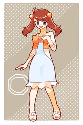  badge blush brown_hair commentary_request cosplay dress female full_body grey_background gym_leader_badge hibikileon highres jasmine_(pokemon) jasmine_(pokemon)_(cosplay) looking_at_viewer may_(pokemon) medium_hair mineral_badge oerba_yun_fang pokemon pokemon_adventures pokemon_hgss polka_dot polka_dot_background ribbon sandals sidelocks solo standing white_dress 