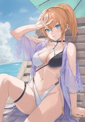  absurdres akatsuki_no_goei arm_support azur_lane bare_shoulders beach_chair beach_umbrella bikini blonde_hair blue_eyes blue_sky breasts clothing_cutout cloud collarbone commentary commission cosplay day enporion female hair_between_eyes hair_ornament hand_on_own_head highres looking_at_viewer miyagawa_kiyomi navel outdoors ponytail short_sleeves shoulder_cutout sidelocks sitting skeb_commission sky solo stomach sweat swimsuit swimsuit_cover-up tosa_(azur_lane) tosa_(azur_lane)_(cosplay) tosa_(hometown_zest)_(azur_lane) two-tone_bikini umbrella 