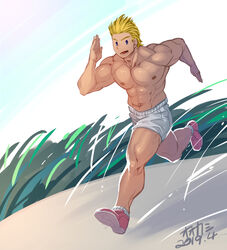  1boy abs bara blonde_hair blue_eyes boku_no_hero_academia full_body highres large_pectorals looking_at_viewer lrpanda00 male_focus muscular muscular_male navel nipples open_mouth pectorals running short_hair shorts smile solo thick_thighs thighs togata_mirio topless_male white_shorts 