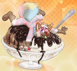  anthro canid canine crownedvictory cutlery dessert food hi_res ice_cream kitchen_utensils male mammal micro multicolored_eyes on_food one_eye_closed rainbow_eyes solo spoon sprinkles sundae tail tongue tongue_out tools wink 