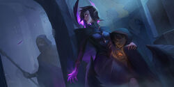  1boy 2girls absurdres alternate_costume black_cape black_robe breasts cape colored_sclera colored_skin dreadlocks dress glowing glowing_eyes half_mask highres holding holding_weapon hood hood_up league_of_legends long_sleeves mask medium_breasts morgana_(league_of_legends) multiple_girls pink_sclera pointy_ears purple_cape purple_dress purple_hair purple_skin robe short_hair smile two-sided_cape two-sided_fabric vincent_t_(oriaarts) weapon white_eyes wings 