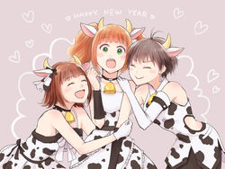  3girls ^_^ amami_haruka animal_ears animal_print antenna_hair bell black_hair blush_stickers brown_hair chinese_zodiac closed_eyes cow_ears cow_horns cow_print earrings elbow_gloves gloves green_eyes happy_new_year highres horns hug idolmaster idolmaster_(classic) iso_(nh15mint) jewelry kikuchi_makoto multiple_girls new_year open_mouth orange_hair short_hair short_twintails smile takatsuki_yayoi tareme twintails year_of_the_ox 