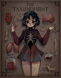  blood blue_hair bone bottle brain character_name commentary cork corked_bottle english_commentary exposed_bone feefal female heart_(organ) highres holding holding_scalpel holding_scissors intestines jar jaw lungs organs original paper_background ribs scalpel scissors shadow short_hair sinister skirt solo stitches surgical_scissors 