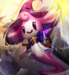  :d blue_bow blue_bowtie bow bowtie envelope hat highres holding holding_envelope holding_staff indoors jacket league_of_legends little_legend looking_at_viewer mermaid monster_girl no_humans pink_headwear purple_eyes smile staff star_(symbol) star_guardian_(league_of_legends) star_guardian_pet teeth upper_teeth_only vincent_t_(oriaarts) walking white_jacket witch_hat 