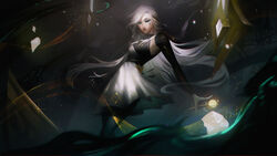  absurdres alternate_costume armpits black_dress black_eyes black_pantyhose black_sleeves breasts closed_mouth detached_sleeves dress facial_tattoo feet_out_of_frame female grey_dress grey_hair highres holding league_of_legends long_hair looking_at_viewer medium_breasts pantyhose sentinel_(league_of_legends) seraphine_(league_of_legends) solo tattoo vincent_t_(oriaarts) 