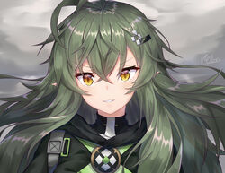  absurdres antenna_hair arknights artist_name black_jacket brown_eyes commentary_request female gavial_(arknights) green_hair hair_between_eyes hair_ornament highres jacket long_hair md5_mismatch parted_lips pointy_ears ponta_(velmar) signature smile solo upper_body 