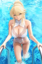  ahoge artoria_pendragon_(fate) artoria_pendragon_(swimsuit_ruler)_(fate) bare_shoulders blonde_hair blush braid breasts cleavage cleavage_cutout clothing_cutout commentary_request fate/grand_order fate_(series) female green_eyes grin hair_between_eyes hair_bun highleg highleg_swimsuit highres large_breasts long_hair looking_at_viewer one-piece_swimsuit ponytail pool poolside revision sidelocks smile solo swimsuit thighs wet white_one-piece_swimsuit yamaneko_(tkdrumsco) 