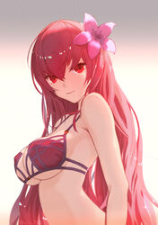  artist_name backlighting bare_shoulders bikini breasts closed_mouth commentary_request fate/grand_order fate_(series) female flower gradient_background hair_flower hair_ornament large_breasts long_hair looking_at_viewer pink_flower purple_bikini red_eyes red_hair scathach_(fate) scathach_(swimsuit_assassin)_(fate) smile solo swimsuit tenshin_kagehisa twitter_username underboob upper_body very_long_hair white_background 