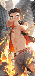  1boy abs absurdres aged_down alca_(wakatanka4) animal_ears bad_id bad_pixiv_id battle beitemian belt_buckle bishounen blue_sky brown_hair buckle building chest_tattoo city cityscape commentary_request destruction dutch_angle fire gyee highres lion_boy lion_ears looking_at_hand male_focus muscular muscular_child muscular_male navel original outdoors red_eyes rubble short_hair shorts sky skyscraper solo tattoo topless_male vest 