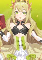  :d absurdres bare_shoulders blonde_hair book bug butterfly butterfly_hair_ornament celine_(fire_emblem) commentary crown dress eyelashes female fire_emblem fire_emblem_engage flat_chest green_eyes hair_ornament highres holding holding_book keaworks long_hair looking_at_viewer open_mouth smile solo very_long_hair yellow_dress 